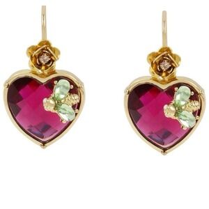 Betsey Johnson Gold Tone Purple Heart Bee Flower Dangle Earrings